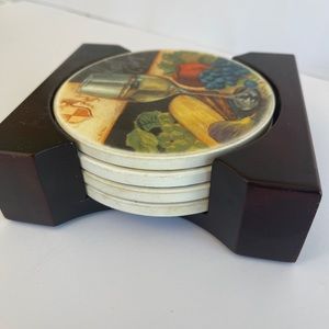 Table Coasters Wine Theme Cork Backing Cherry Wood Storage Holder Set of 4